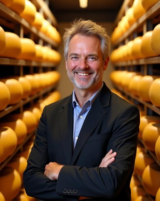 Porträt des Gründers der AlpenKulinarik AG in einem traditionellen Schweizer Käsekeller.