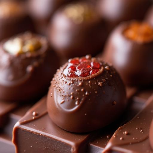 Nahaufnahme von handgemachten Pralinés und Schokoladentafeln.