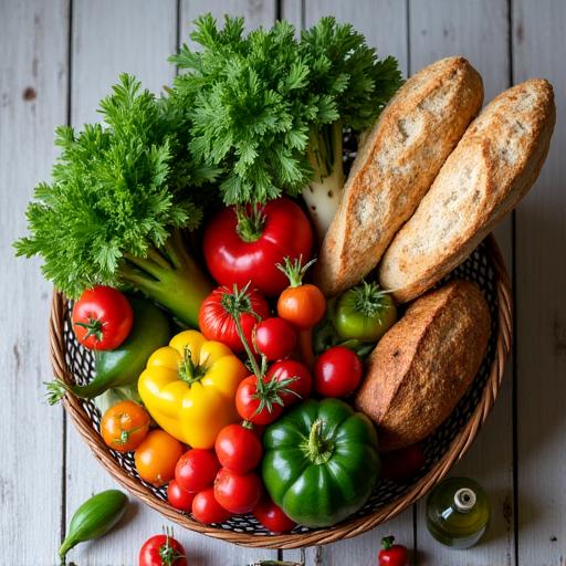 Ein Korb gefüllt mit frischem Bio-Gemüse, Brot und Olivenöl.