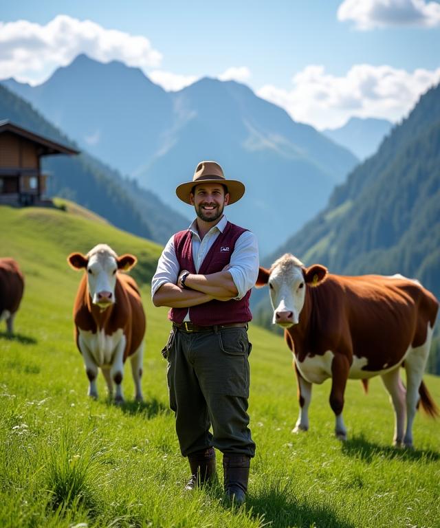 Ein Schweizer Bauer steht stolz mit seinen Kühen auf einer saftig grünen Almwiese.